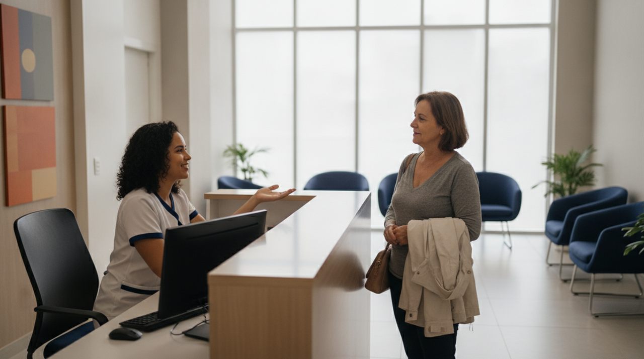 Recepcionista de clínica conversando com uma paciente em uma recepção ampla, com luz natural e poltronas azuis