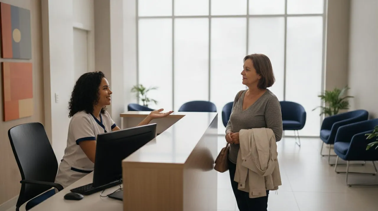 Recepcionista de clínica conversando com uma paciente em uma recepção ampla, com luz natural e poltronas azuis